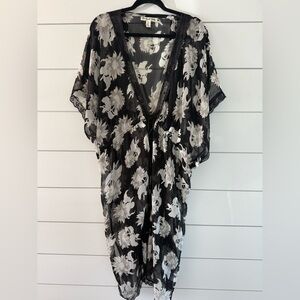 Michael Stars Black Sheer Floral Kimono with White Blooms